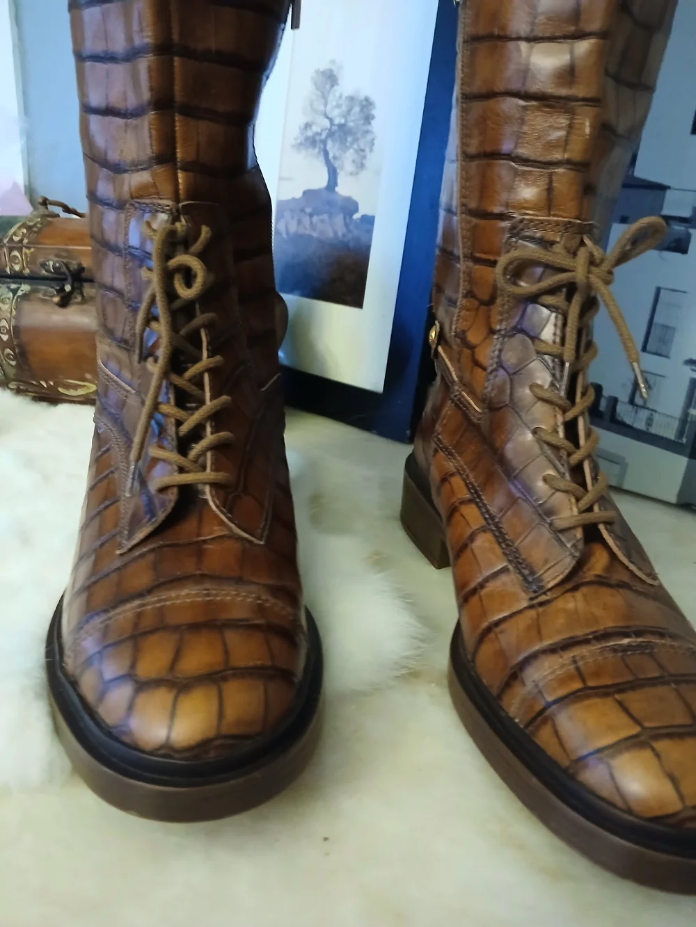 Vince Camuto Tall Brown Croc-Embossed Lace-Up  Riding Boots 